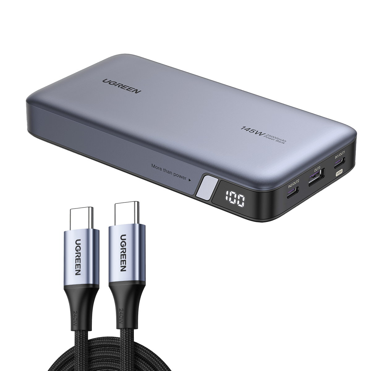 UGREEN 145W | 25000mAh for Laptop-3 Ports Power Bank 2500mAh Power Bank+ 240W USB C Cable