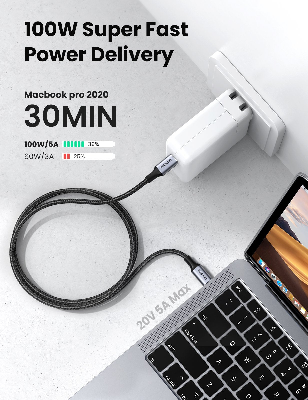 Ugreen Cable USB-C To USB-C Nylon 60W 3M Black - الدهماني