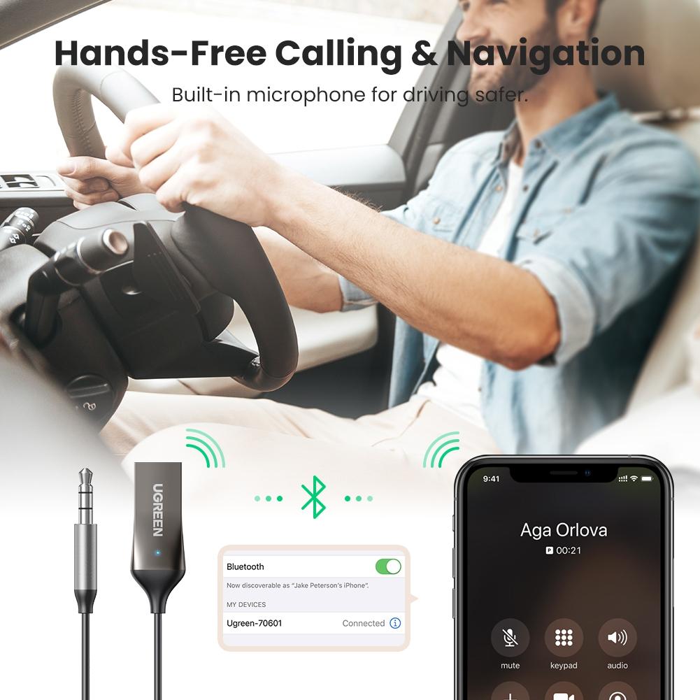 UGREEN Aux Bluetooth Adapter Auto für Freisprechanruf und Wireless Musik  Bluetooth 5.0 Empfänger Klinke