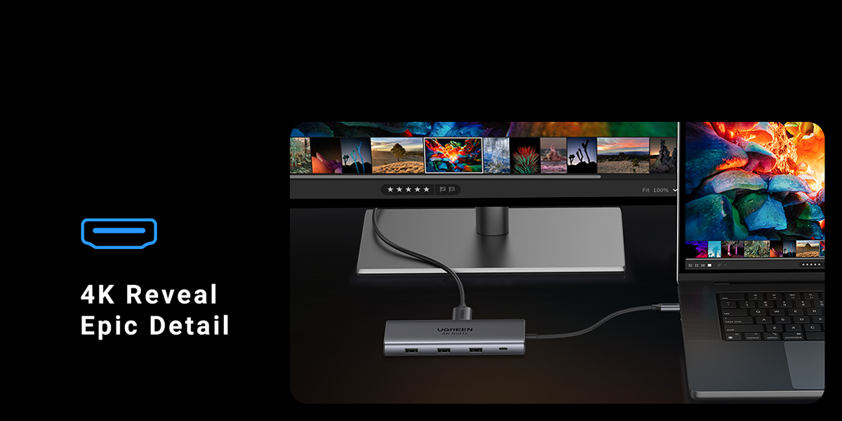 Hub 9-en-1 UGreen Revodok Pro - 100W, USB-C 3.2 + USB-A 3.2 10Gbps, 2x USB-A  3.0, HDMI 4K@60Hz, RJ45, 2x SD/TF, Compatible PC & Mac (VT) –