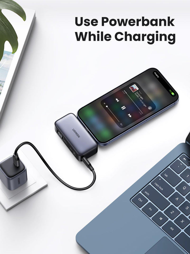 UGREEN Mini Power Bank 5000mAh 22.5W in Use: Charging Phone and Playing Music Simultaneously