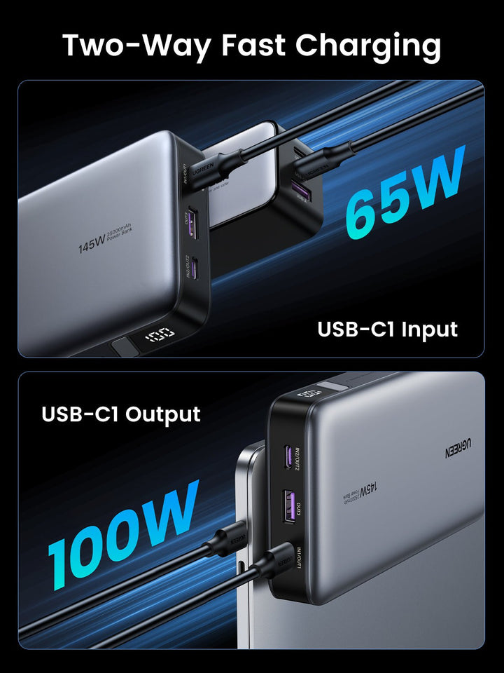 UGREEN 145W Power Bank 25000mAh Portable Charger USB C 3-Port PD3