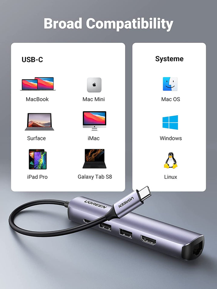 Hub USB-C UGREEN 60377, Adapter 5in1, 3x USB, SD/TF grey