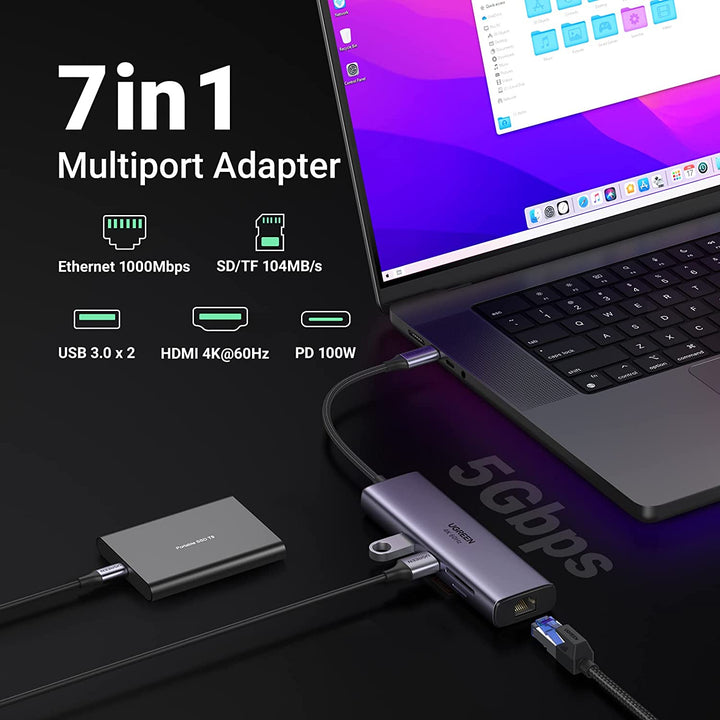 UGREEN USB C Hub with Ethernet, 7-in-1 Multiport Adapter with 4K@60Hz HDMI,  100W