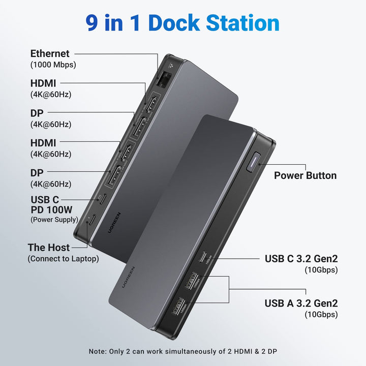  UGREEN Revodok Pro 209 USB C Docking Station, DisplayLink  9-in-1 Dual 4K@60hz Monitor Dock for MacBook & Windows with 2 DP & 2 HDMI,  10 Gbps USB C & USB-A Data